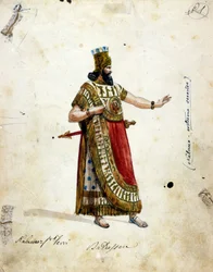Kostüm von Nebukadnezar, König von Babylon, in der Oper von Giuseppe Verdi (1813 - 1901), „Nabucco“, ursprünglich „Nabucodonosor“ genannt. Musée de la Scala.