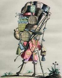 Kostüme von Paris im Laufe der Jahrhunderte - Gravur Nr. 81 mit dem Titel Bewundere die Kraft - Karikatur von Apothekern gegen Armand Nompar II de Caumont (1679-1761), Herzog von La Force, beschuldigt des Monopols im Jahr 1721