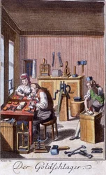 Handwerk: der Goldtrommler in seiner Werkstatt. In „Umfassende Beschreibung der Künste und Handwerke und Werkstätten für junge Leute“ von Johan Peter Vue. Ed. Nürnberg, Weigel und Schneider