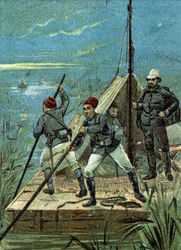 Überquerung der Sümpfe von Bahr el Ghazal in Afrika durch die Marchand-Mission im Jahr 1899. Liebig-Chromolithographie des 19. Jahrhunderts