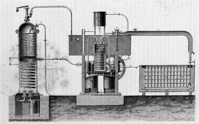 Schneiden der Industrieausrüstung zur Herstellung von Eis von Ferdinand Carré. Gravur des 19. Jahrhunderts