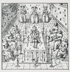 Tod von Karl IX. am 30. Mai 1574 im Alter von 24 Jahren - in „Sammlung von 39 Figuren, die die Katastrophen Frankreichs von 1562 bis 1586 darstellen“ Louis Perrin Druckerei