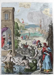 Verschiedene Metamorphosen, im Vordergrund Scylla und der Meeresgott Glaukos, der in sie verliebt ist, im Hintergrund der gehängte Iphis, abgelehnt von Anaxarete. Illustration aus Buch XIV der „Metamorphosen“ (Metamorfosi) von Ovid (43 v. Chr.-17 n. Chr.).