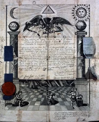 Diplom Isaac Huits als Geselle und Meister der Königlichen Maurerkunst, verliehen 1789 von der Großloge St-Jean in Genf.