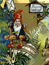 Zwerg oder Farfadet mit Laterne. Chromolithographie aus dem 19. Jahrhundert