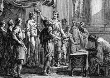 Einführung des Salischen Gesetzes, verfasst von Chlodwig im Jahr 508. Es befasst sich im Wesentlichen mit Verfahrensproblemen in Bezug auf Eigentum und Personen und behandelt Erbrechte für Land, das nur an Männer weitergegeben werden kann. Es war auf diese