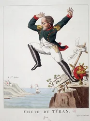 Sturz des Tyrannen: Napoleon springt vom Mount St. John (Die Schlacht von Waterloo) zur Insel St. Helena - in „Napoleon 1., Karikaturen, Dummysammlung“