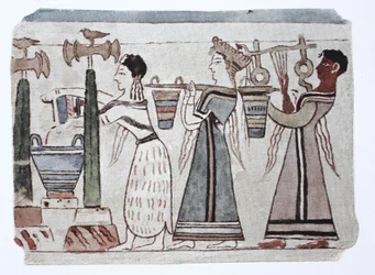 Mode, Ägäisch-phönizische Kultur, 2000-500 v. Chr. Frauen mit Wassereimern hinter einem Harfenspieler