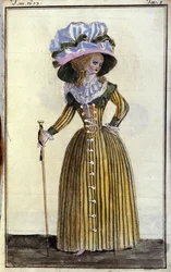 Mode: elegante junge Frau mit Stock. 1787