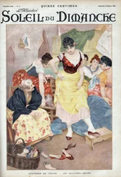 Mode Ende des 19. Jahrhunderts: neue Schuhe aus Venedig. Frauen probieren Schuhe aus der italienischen Stadt. Gravur in „Le soleil-du-dimanche“, 8. Oktober