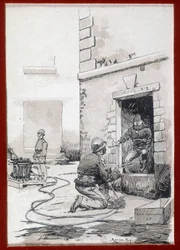 Feuerwehrleute: Feuerlöschgerät aus Kellern. Gravur 19. Jahrhundert
