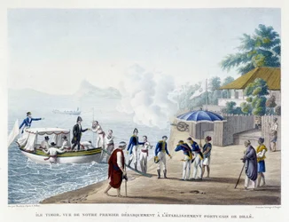 Erste Landung der Franzosen in der portugiesischen Siedlung Dille auf der Insel Timor
