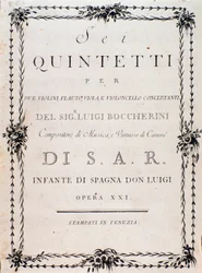 Erste Seite der Partitur von „Sei quintetti per due violini flauto viola e violoncello“ von Luigi Boccherini
