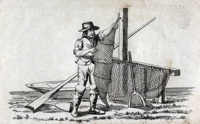 Fischer und Fischernetz. Feine Gravur des 18. Jahrhunderts. Private Sammlung.