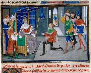 Vierter Kreuzzug: Darstellung von Alexis IV. Angelos als Kaiser neben seinem Vater Isaak II., nachdem er ihn 1203 aus dem Gefängnis befreien konnte. Miniatur aus Chronicle abregee von David Aubert