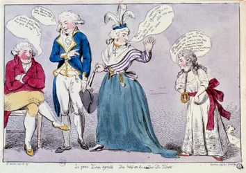Französische Revolution: Karikatur gegen die Familie von Königin Marie Antoinette (1755-1793) und Ludwig XVI. im Tempelgefängnis. Die Königin und die Schwester des Königs, Madame Elisabeth, streiten unter den Überresten des Königs. Ihre Worte sind in Sprec