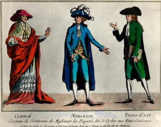 Französische Revolution: Darstellung der Deputierten der drei Stände in den Generalständen in zeremonieller Kleidung: der Klerus, der Adel und der dritte Stand. Druck aus dem späten 18. Jahrhundert