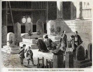 Beerdigungszeremonien: Grab, in dem die Urne mit der Asche aufbewahrt wird. Gravur zur Illustration der Reise nach Japan in den Jahren 1863-1864, von Aime Humbert, Minister der Schweizerischen Eidgenossenschaft, in „Le tour du monde, nouveau journal des vo