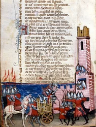 Chanson de geste: Schlachtszene nahe einer befestigten Stadt. Die Truppen Karls des Großen (742-814) kämpften gegen die Mauren Spaniens. Miniatur aus der französisch-italienischen Handschrift „Entrée d