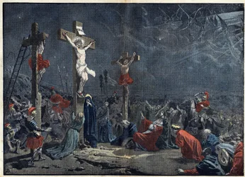 Karfreitag: Kreuzigung Jesu Christi. Illustration in „Le Pelerin“ vom 3. April