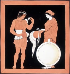 Griechische Mythologie: Andromache überreicht ihrem Ehemann die Waffen.