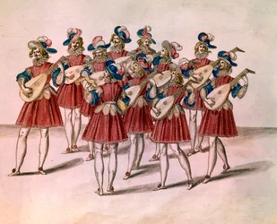 Gruppe von Musikern, die Laute spielen. Aquarell und Feder von Daniel Rabel (1578-1637) aus dem Album „Château de Bicêtre“