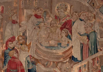 Geschichte von St. Piat und St. Eleuthère, Szene 6 Detail Mitte. Taufszene