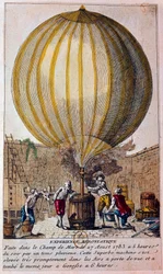 Geschichte der Ballonfahrt: aerostatisches Experiment auf dem Champ de Mars in Paris am 27/08/1783: Der Ballon wird von Jacques Charles (1746-1823) mit Wasserstoffgas gefüllt. Stich aus dem 18. Jahrhundert, Paris, B.N.