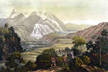 Humboldt und Bonpland überqueren den Berg Quindiu auf Tragesesseln. Aus der Reise in die Anden von Alexander von Humboldt