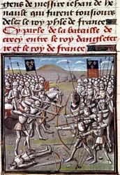 Hundertjähriger Krieg: Die Schlacht von Crécy am 26.08.1346 zwischen den Franzosen und den Engländern. Miniatur aus den Chroniken von Jean Froissart (1337-1400)