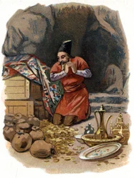Illustration für die Geschichten aus Tausendundeiner Nacht. Ali Baba betritt den Felsen und sagt: Sesam öffne dich und sieht Goldfässer. Chromolithographie um 1890.