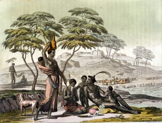 Inder aus Botswana (Bechuanaland). Gravur in „Die alte und moderne Tracht“ von Jules Ferrario