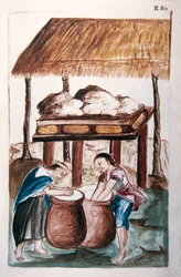 Indianer machen Käse, aus dem Buch "Trujillo del Peru" oder "Códice Martínez Compañón", von Baltazar Martinez Compañón y Bujanda, Bischof von Trujillo (1782-1785)