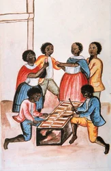 Indianer spielen Marimba und tanzen, aus dem Buch "Trujillo del Peru" oder "Códice Martínez Compañón" von Baltazar Martinez Compañón y Bujanda, Bischof von Trujillo (1782-1785)