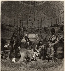 In einem türkischen Zelt (Turkmena, Irak), Heimat einer Familie, mit einem Barhchi (Musiker, Geschichtenerzähler), begleitet von der Dutare, um zu singen oder Gedichte zu rezitieren, diese Künstler sind sehr gefragt. Gravur zur Illustration der Geschichte 