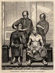 Japanische Friseure in ihrem Laden, einer rasiert einen Bart, der andere frisiert einen Mann mit nacktem Oberkörper. Illustration der Reise nach Japan, 1863-1864, von Aime Humbert, Minister der Schweizerischen Eidgenossenschaft, in "Le tour du monde, nouve