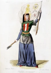 Jeanne Laisné, bekannt als Jeanne Fourquet, Spitzname Jeanne Hachette, französische Heldin (1456 bis ?). Gravur von 1835