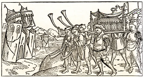 Juden tragen die Bundeslade vor den einstürzenden Mauern von Jericho