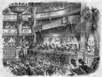 Reise des russischen Kaisers Alexander II. (1818-1881) nach Paris: Galavorstellung in der Opéra Garnier. Gravur in „L