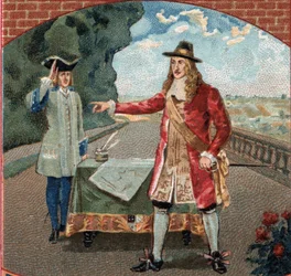 König Jakob II. von England (James II Stuart) (1633-1701) während seines Aufenthalts im Schloss Saint-Germain-en-Laye. Chromolithographie aus dem späten 19. Jahrhundert