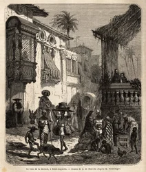 La casa de la Merced (jetzt Mercy Street) in Saint Augustine, die älteste Stadt in den Vereinigten Staaten, gegründet von den Spaniern im Jahr 1565; Hauptstraße der Stadt, klein und bevölkert, mit verschiedenen Tieren und einer einzigartigen Mischung versc