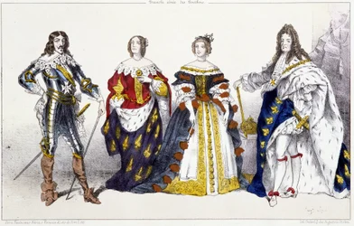 Die Bourbonen: Ludwig XIII. (1601-1643) und Anna von Österreich (1601-1666), Maria Theresia von Österreich (oder Spanien) (1638-1683) und Ludwig XIV. (1638-1715) - Tafel aus Könige und Königinnen von Frankreich in Drucken, Paris, ed. Swift