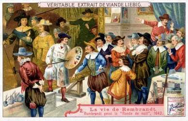 Liebig-Chromolithografie über das Leben von Rembrandt (1606 - 1669), niederländischer Maler. Hier die Nachtwache 1642