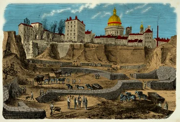 Lage des gallo-römischen Zirkus aus dem 2. Jahrhundert v. Chr., entdeckt 1870 während der Bohrung der Rue Monge in Paris, Gravur 19. Jahrhundert