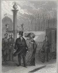 Louis Philippe und seine Familie vor dem Tuilerienpalast - Abdankung von Louis-Philippe I., 24. Februar 1848 und Gründung der Zweiten Republik - Revolution von Februar 1848. Das Volk stürmte die Tuilerien am 24. Februar 1848 nach dem König