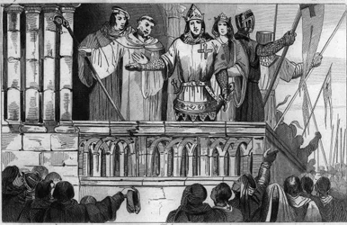 Ludwig VII. (1120-80) der Jüngere wirbt 1144 um Unterstützung für den Zweiten Kreuzzug - Ludwig VII. unternimmt den 2. Kreuzzug nach dem Rat von Bernhard von Clairvaux (San Bernardo di Chiaravalle) - Gravur 1825 in „Histoire de France“