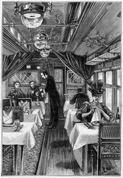 Luxuszüge in Europa: Innenansicht eines Speisewagens. Gravur in „La Nature: revue des sciences et de leurs applications aux arts et a l