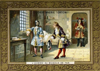 Mann mit eiserner Maske in der Gefängniszelle von Saint Margarita - Chromo des Schuhmachers Tortoni