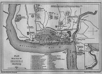 Karte der Stadt Shanghai im Jahr 1860, Ansicht der chinesischen Altstadt und der ausländischen Konzessionen im Jahr 1860. Karte in „Le Tour du Monde, Nouveau journal des Voyages“, herausgegeben von Edouard Charton, Paris