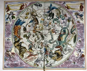 Himmelskarte und Tierkreiszeichen - Faksimile einer antiken Komposition, die die Sternbilder des Südhimmels darstellt, nach der „Harmonia Macrocosmica“ von André Cellarius